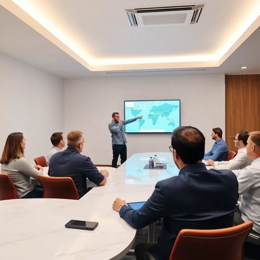 Meeting room with people sitting around a white marble table